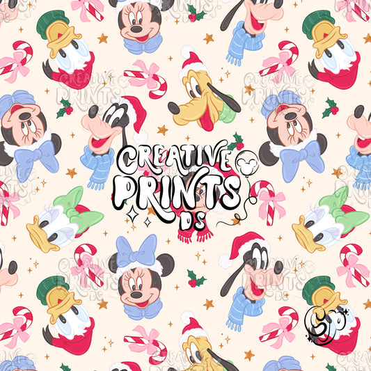 Neutral Christmas Mouse Friends Seamless Pattern