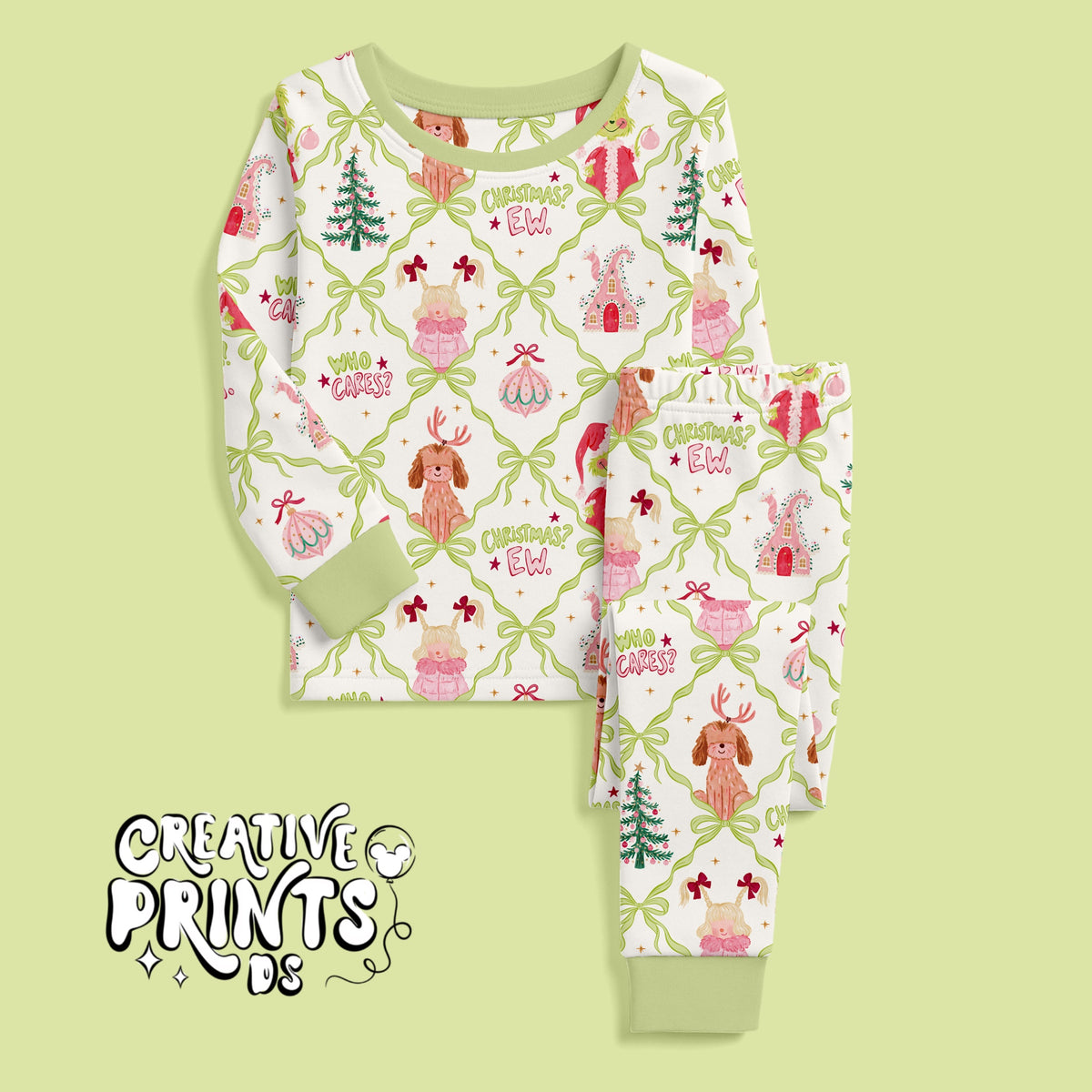 Lime Green Bow Trellis Grinchy Christmas Seamless Pattern