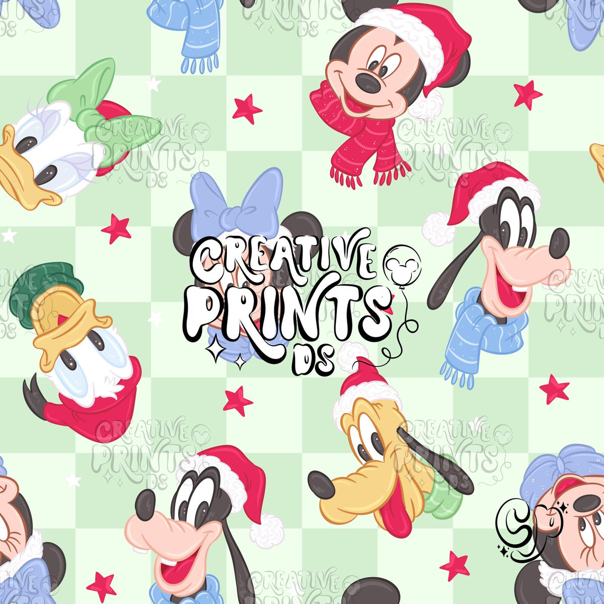 Sage Green Checker Christmas Mouse Friends Seamless Pattern
