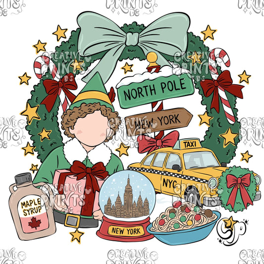 NYC Christmas Elf Wreath Sublimation Design PNG