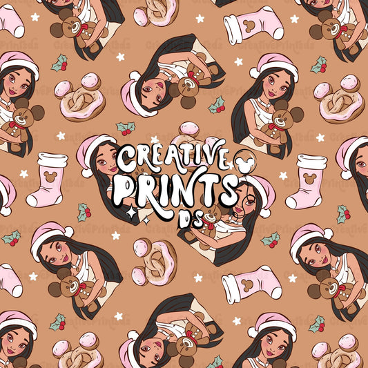 Native Princess Christmas Seamless Pattern – Warm Brown
