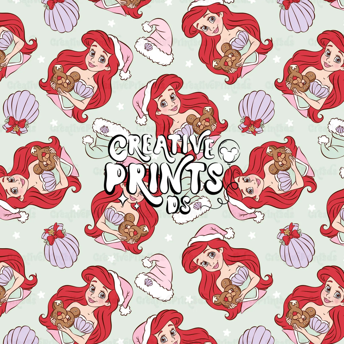 Mermaid Princess Christmas Seamless Pattern - Sage Green