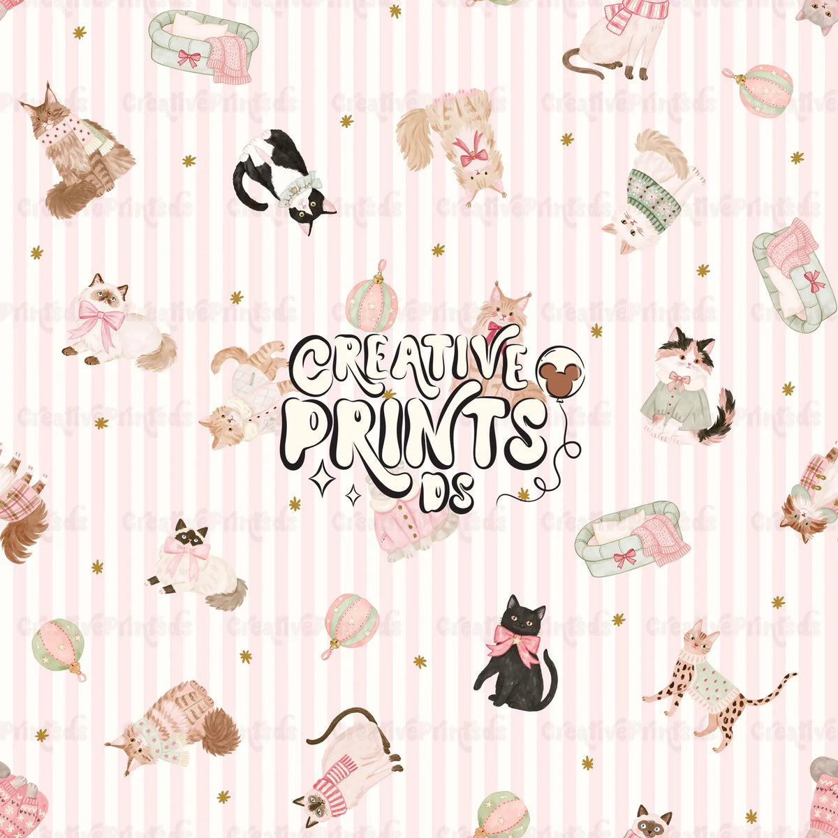 Cozy Winter Kittens Seamless Pattern - Pink Stripes