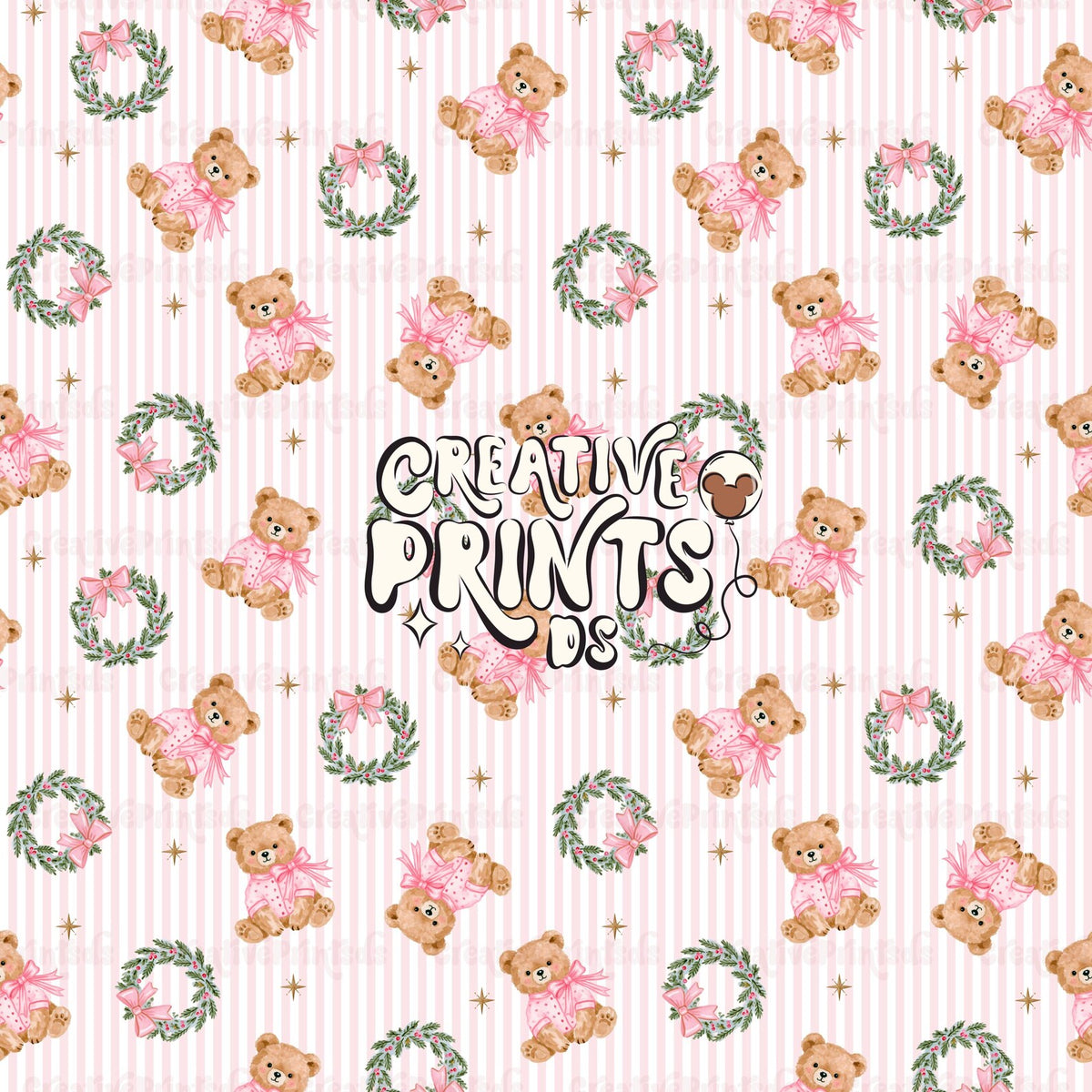 Teddy Wreath Seamless Pattern - Pink Stripes