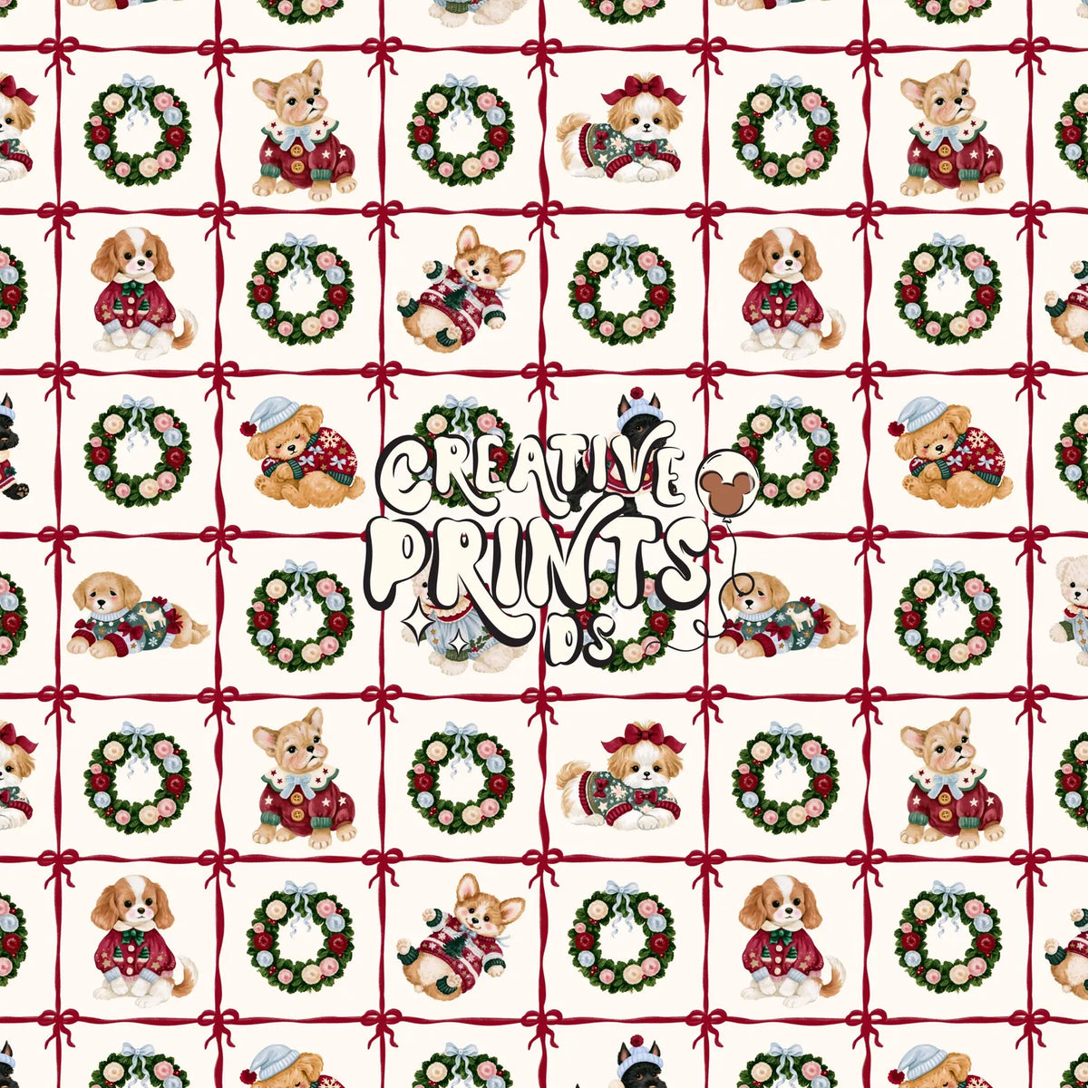 The Little Christmas Pups Seamless File - Ribbon Grid