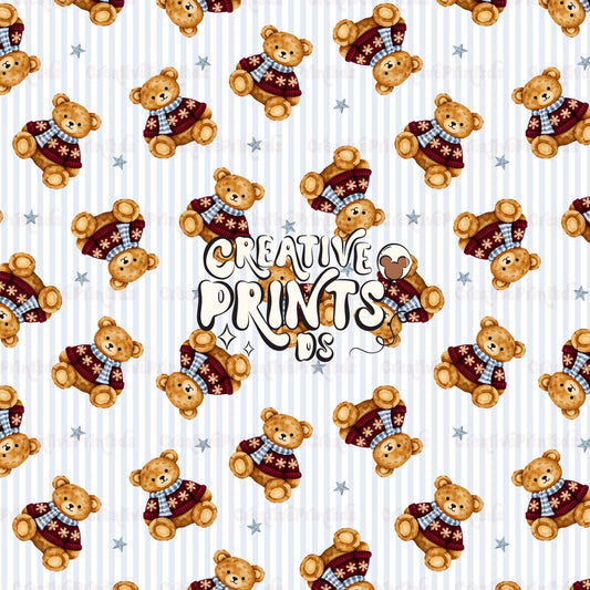 Christmas Bear Light Blue Stripes Seamless Pattern