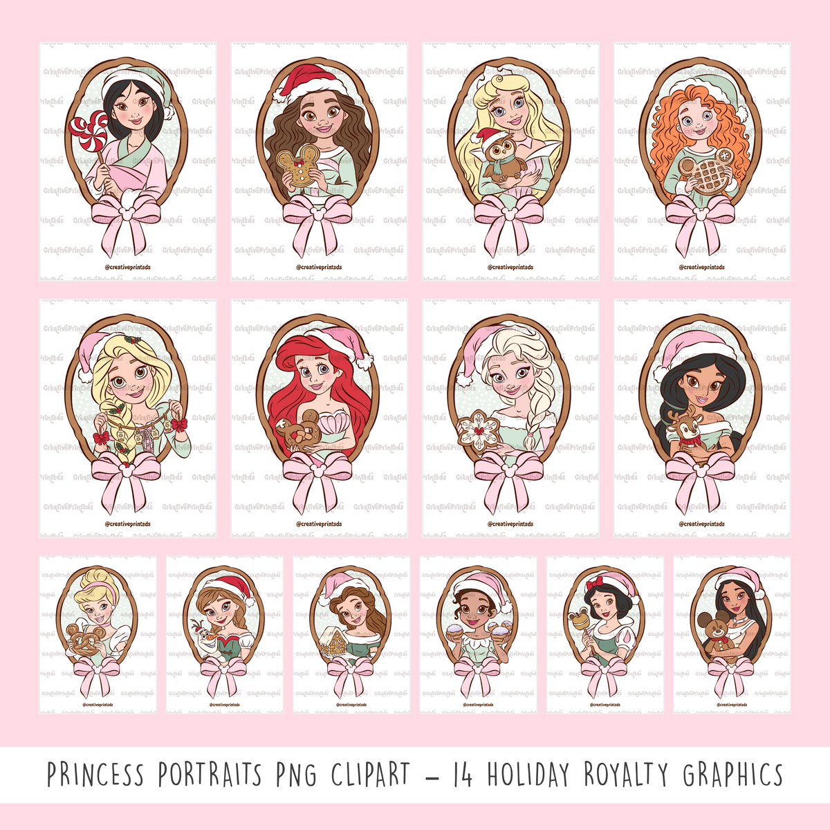 Framed Christmas Princess Portraits PNGs – Single Options or 14-Piece Bundle