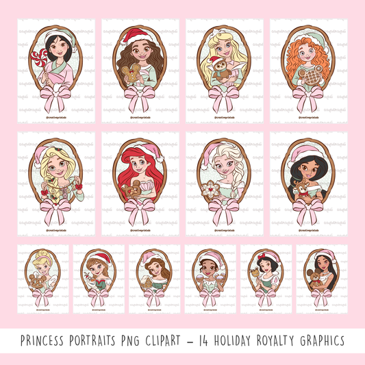 Framed Christmas Princess Portraits PNGs – Single Options or 14-Piece Bundle