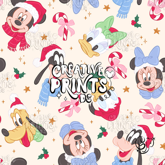 Neutral Christmas Mouse Friends Seamless Pattern