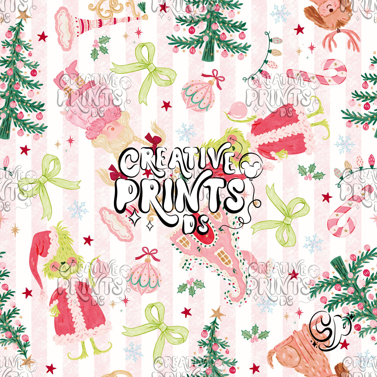Pastel Pink Stripes Grinchy Christmas Seamless Pattern