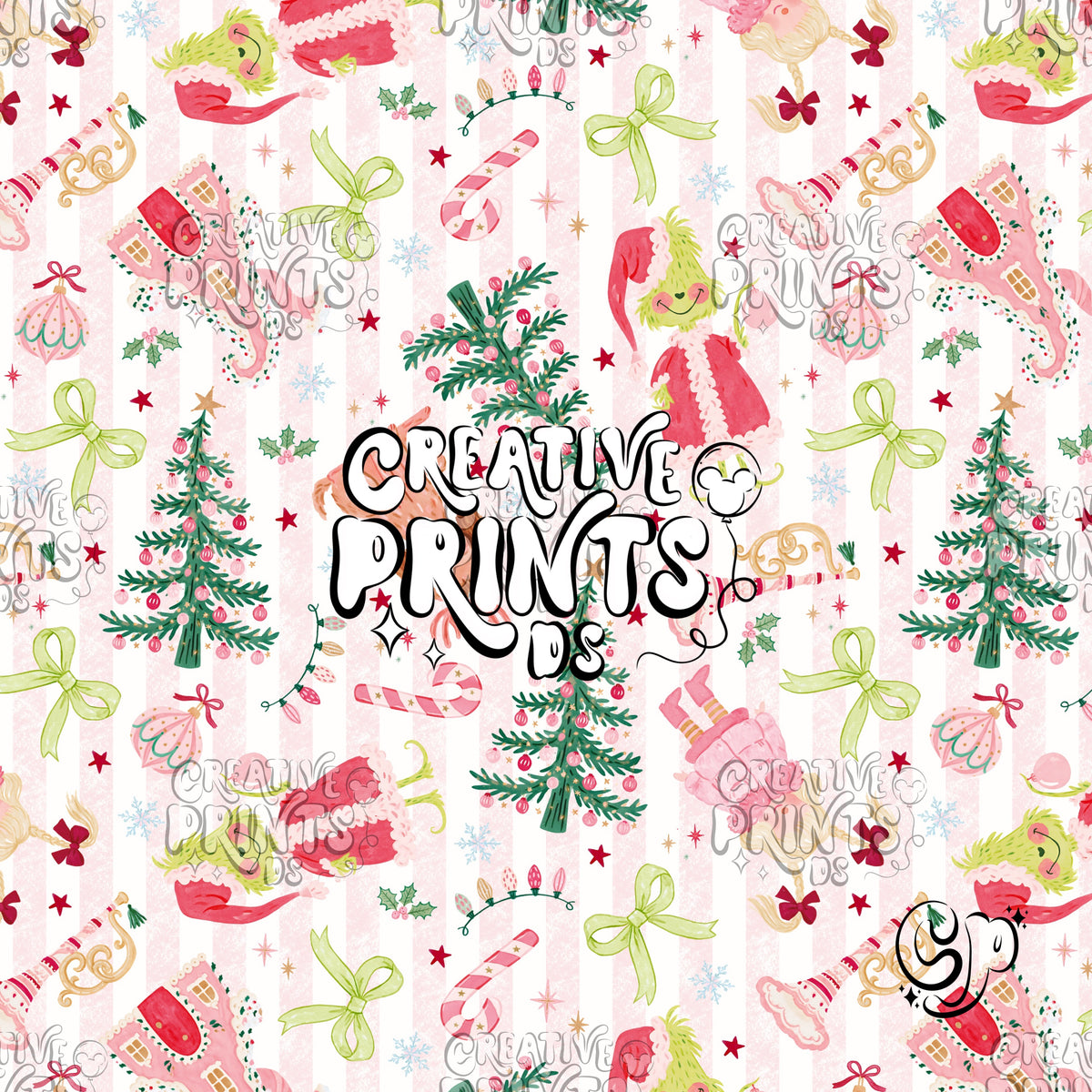 Pastel Pink Stripes Grinchy Christmas Seamless Pattern