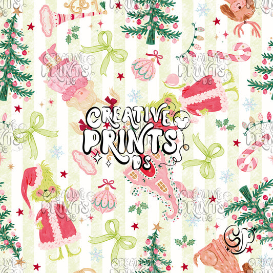 Pastel Green Stripes Grinchy Christmas Seamless Pattern