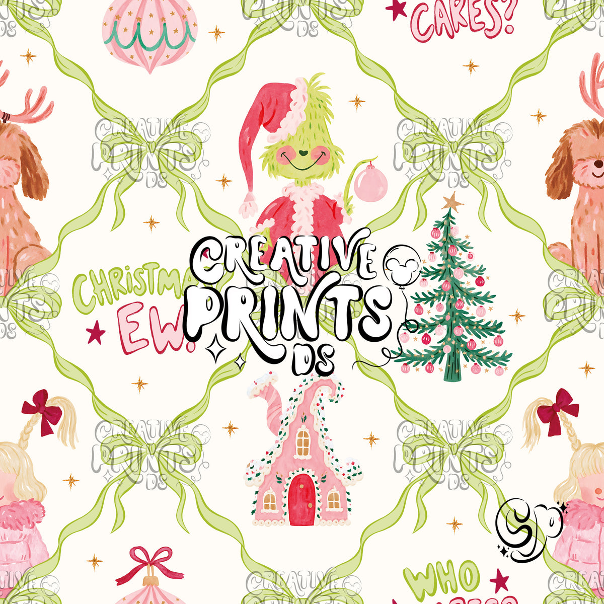 Lime Green Bow Trellis Grinchy Christmas Seamless Pattern