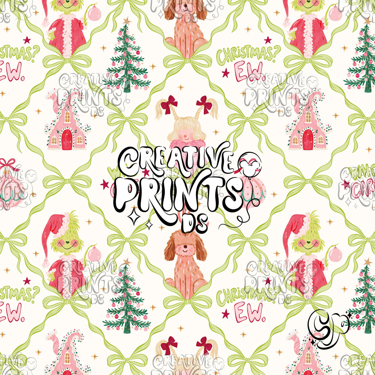 Lime Green Bow Trellis Grinchy Christmas Seamless Pattern