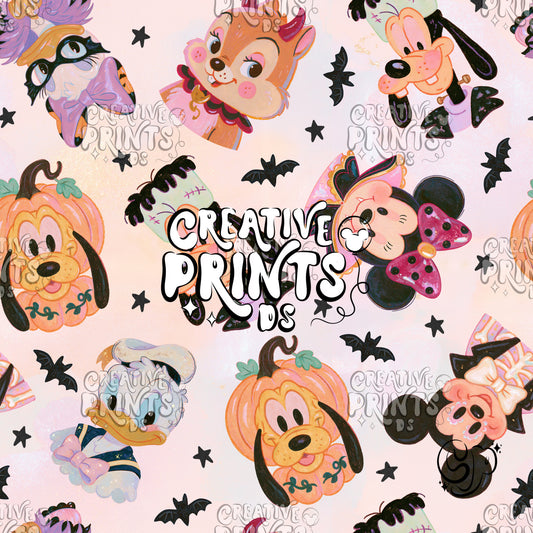 Multicolor Pastel Halloween Mouse Friends Seamless Pattern