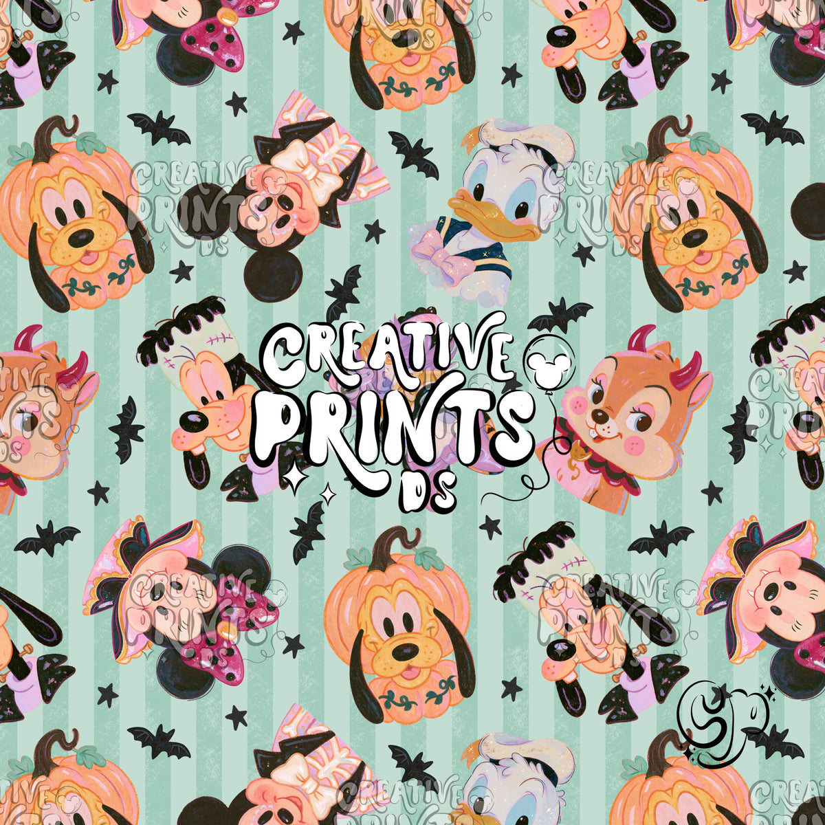Mint Stripe Halloween Mouse Friends Seamless Pattern