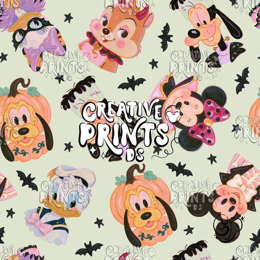 Sage Green Halloween Mouse Friends Seamless Pattern