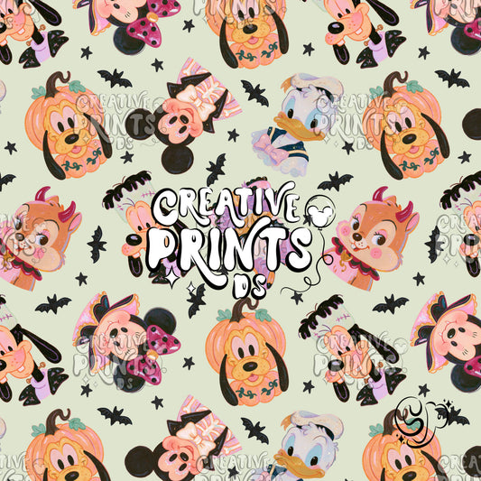 Sage Green Halloween Mouse Friends Seamless Pattern