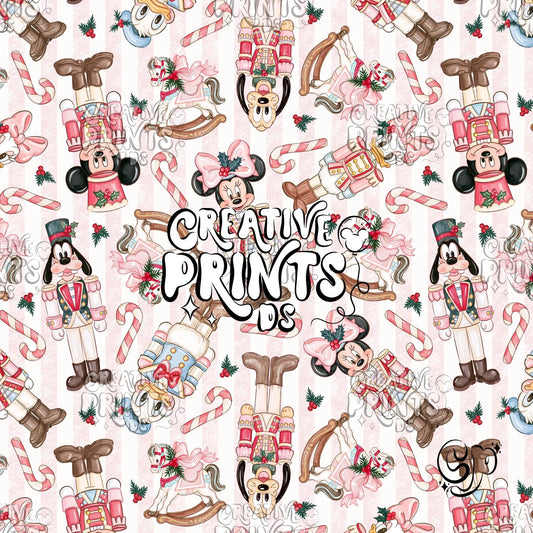 Pink Stripes Nutcracker Mouse Friends Christmas Seamless Pattern