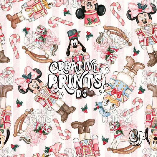 Pink Stripes Nutcracker Mouse Friends Christmas Seamless Pattern