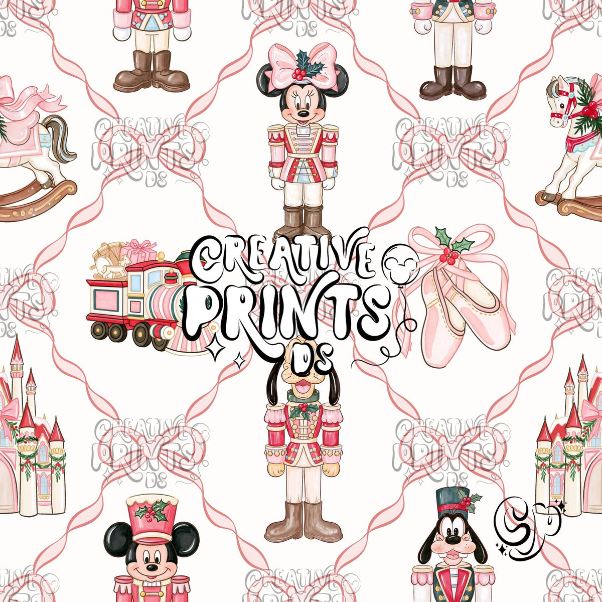 Pink Coquette Bow Nutcracker Mouse Friends Christmas Seamless Pattern