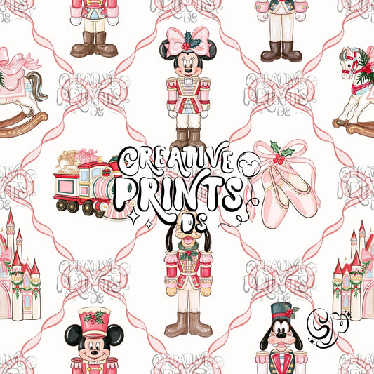 Pink Coquette Bow Nutcracker Mouse Friends Christmas Seamless Pattern