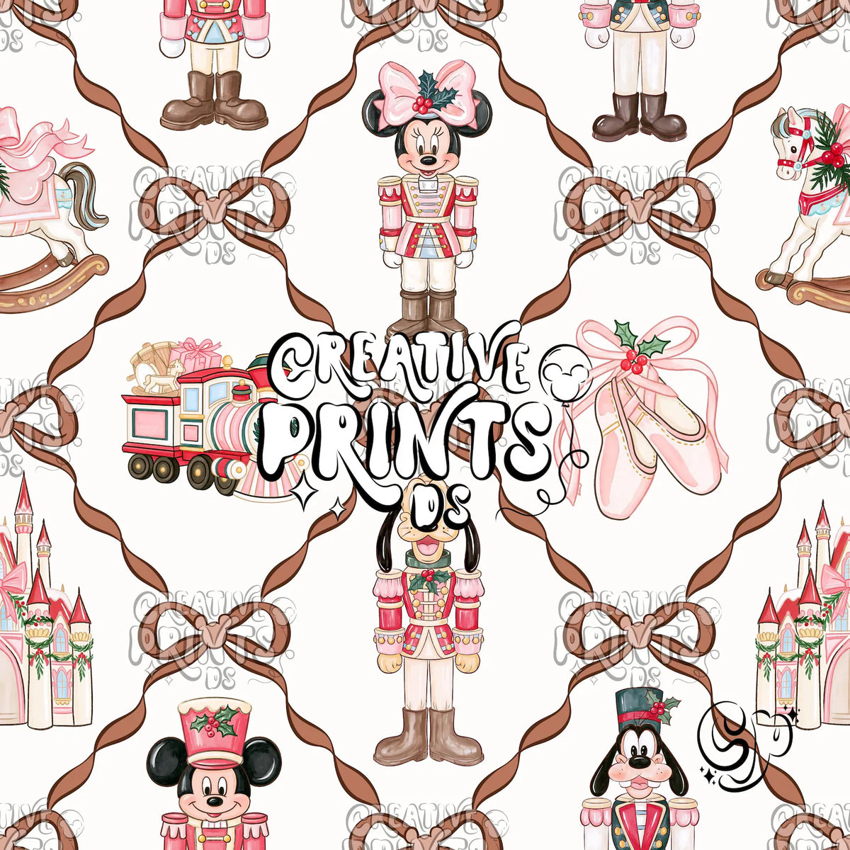 Brown Ribbon Bow Nutcracker Mouse Friends Christmas Seamless Pattern