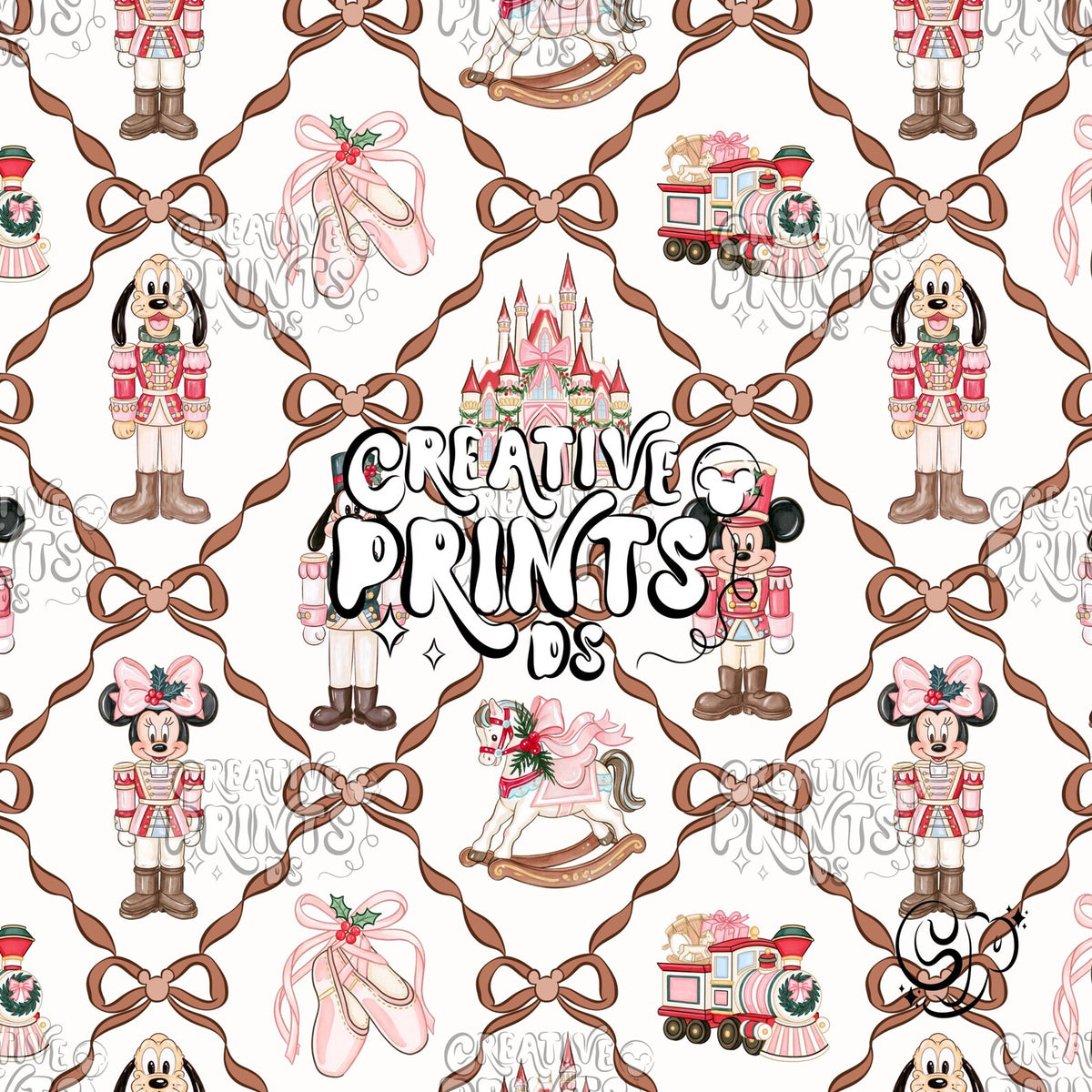 Brown Ribbon Bow Nutcracker Mouse Friends Christmas Seamless Pattern