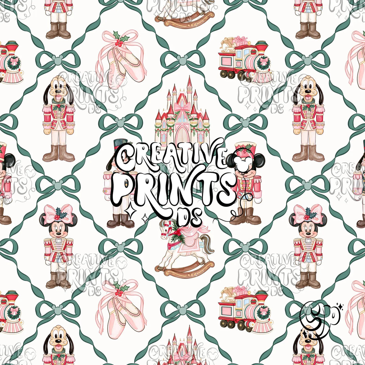 Green Ribbon Bow Nutcracker Mouse Friends Christmas Seamless Pattern