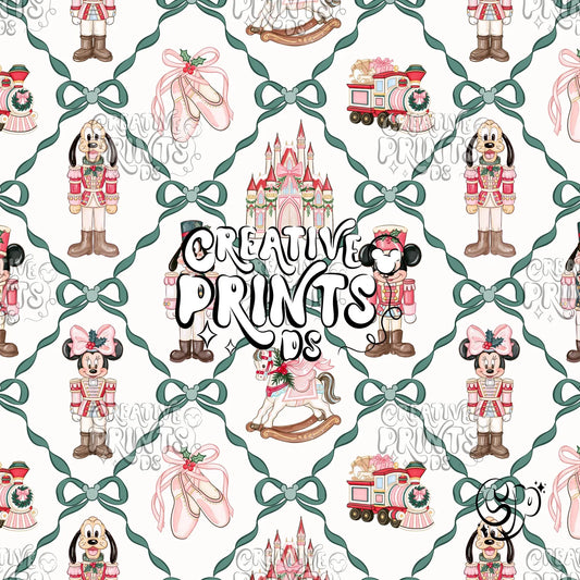 Green Ribbon Bow Nutcracker Mouse Friends Christmas Seamless Pattern