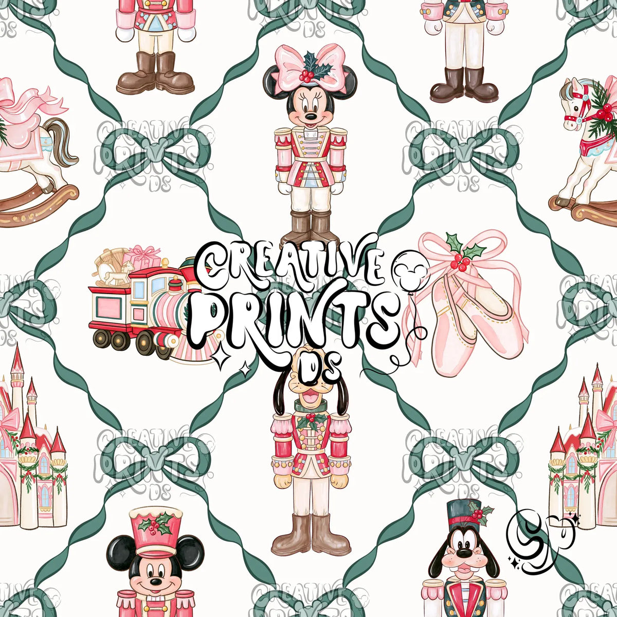 Green Ribbon Bow Nutcracker Mouse Friends Christmas Seamless Pattern