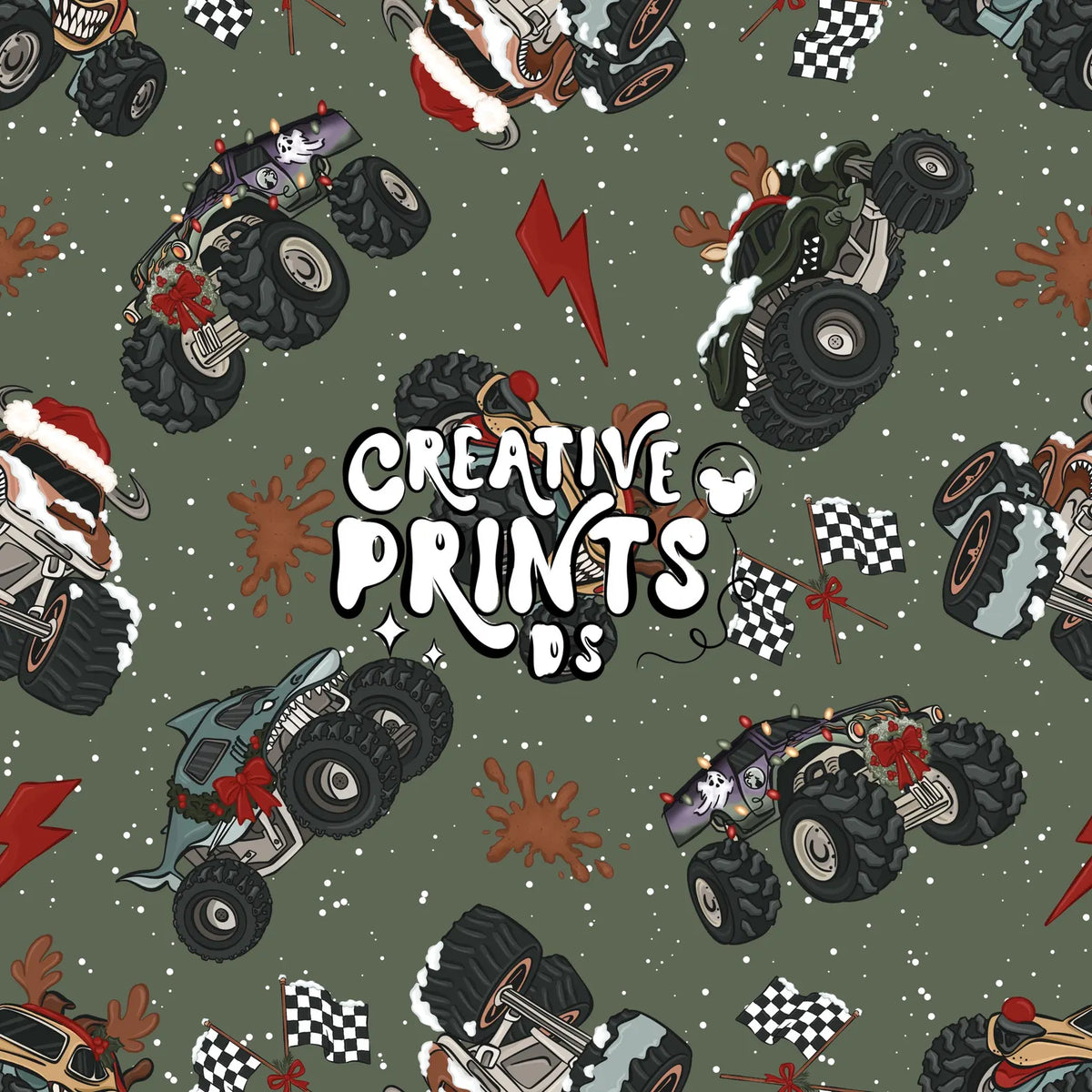 Sage Green Christmas Monster Truck Seamless