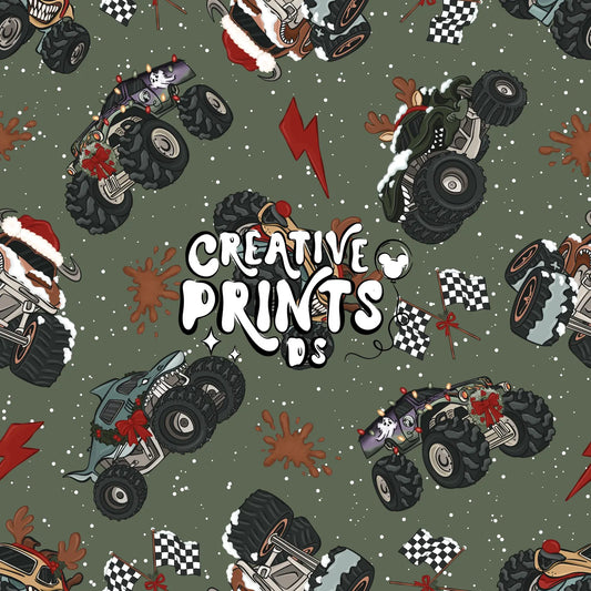Sage Green Christmas Monster Truck Seamless