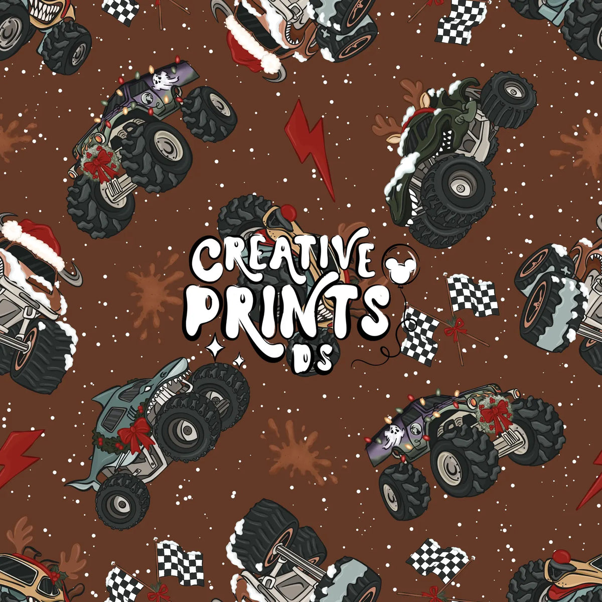 Brown Christmas Monster Truck Seamless Pattern