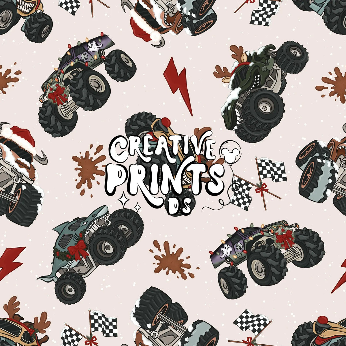 Neutral Christmas Monster Truck Seamless Pattern