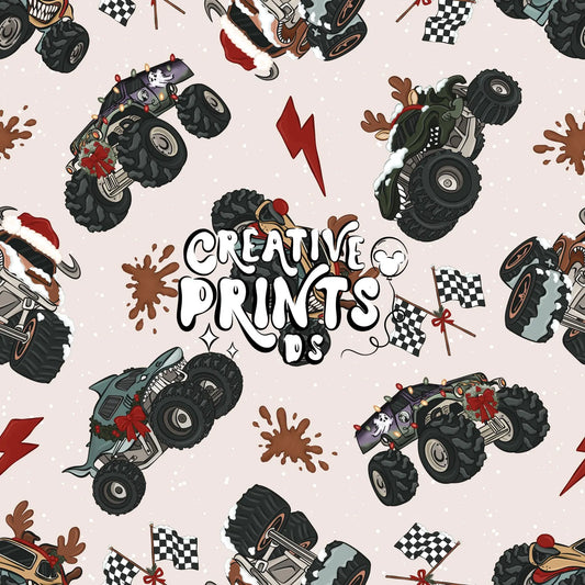 Neutral Christmas Monster Truck Seamless Pattern