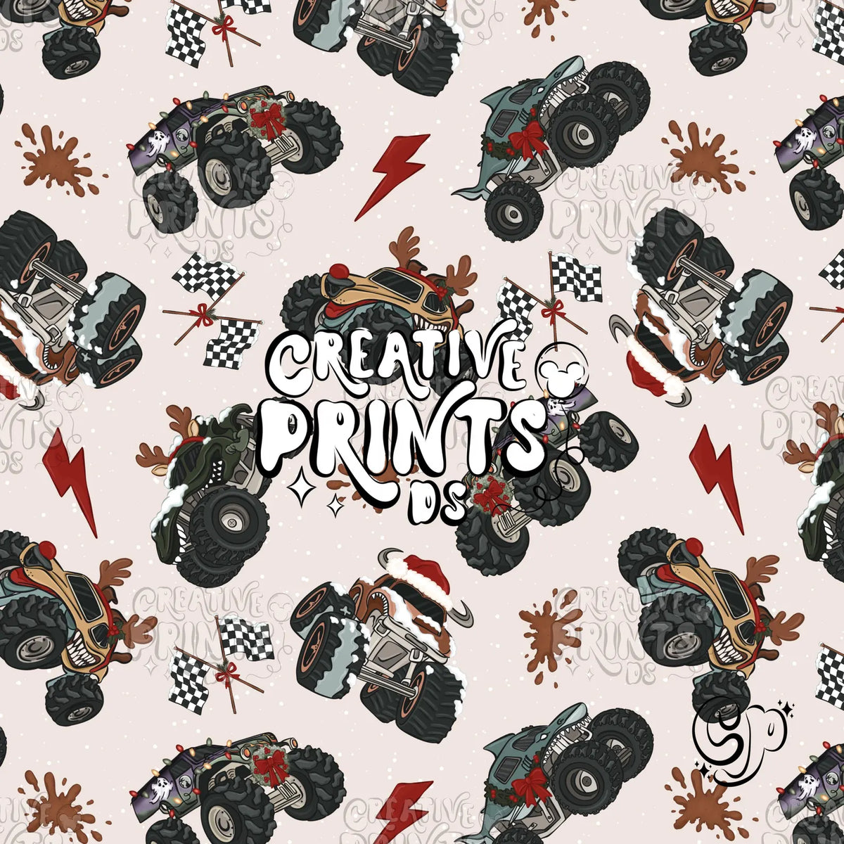 Neutral Christmas Monster Truck Seamless Pattern