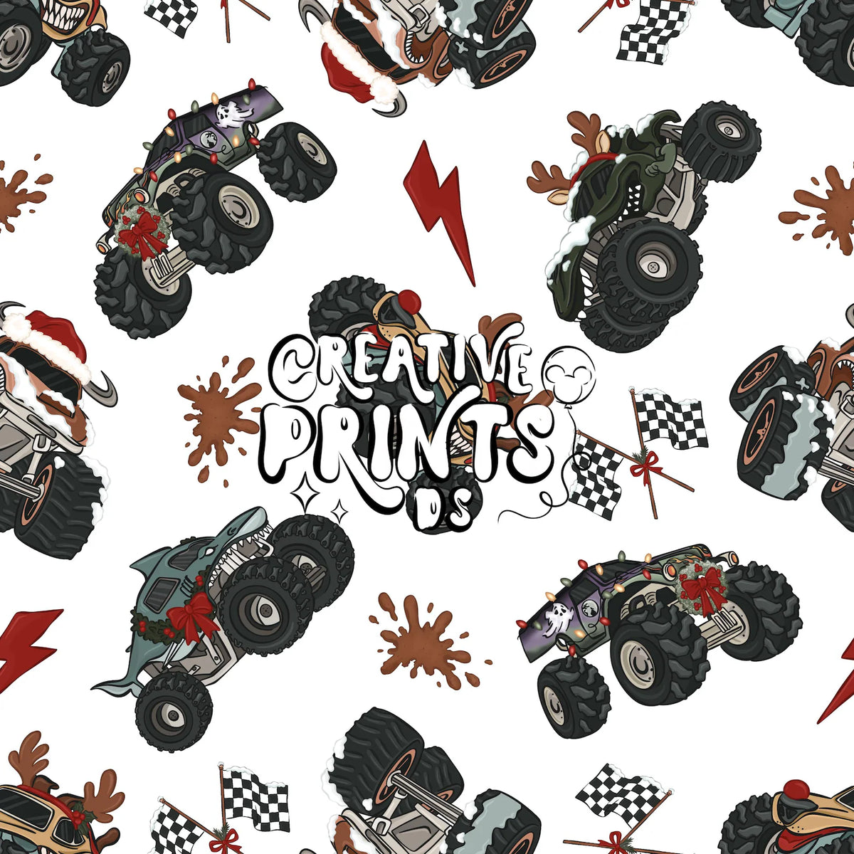 White Christmas Monster Truck Seamless Pattern