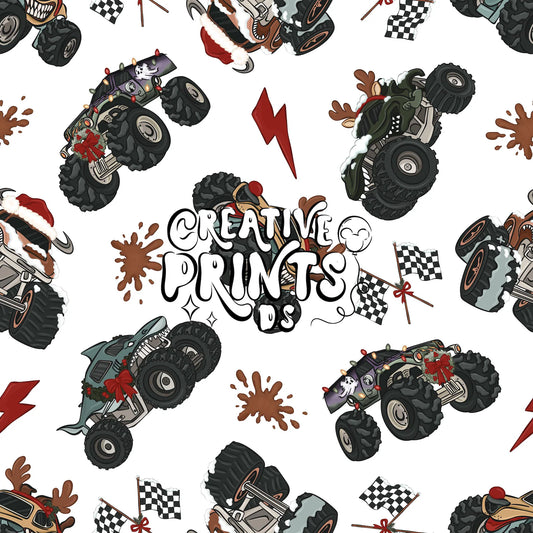 White Christmas Monster Truck Seamless Pattern