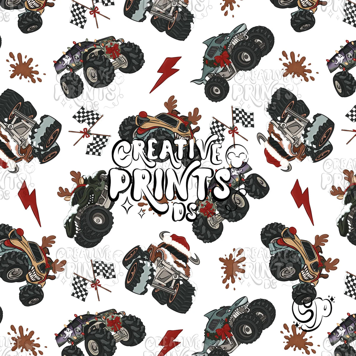 White Christmas Monster Truck Seamless Pattern