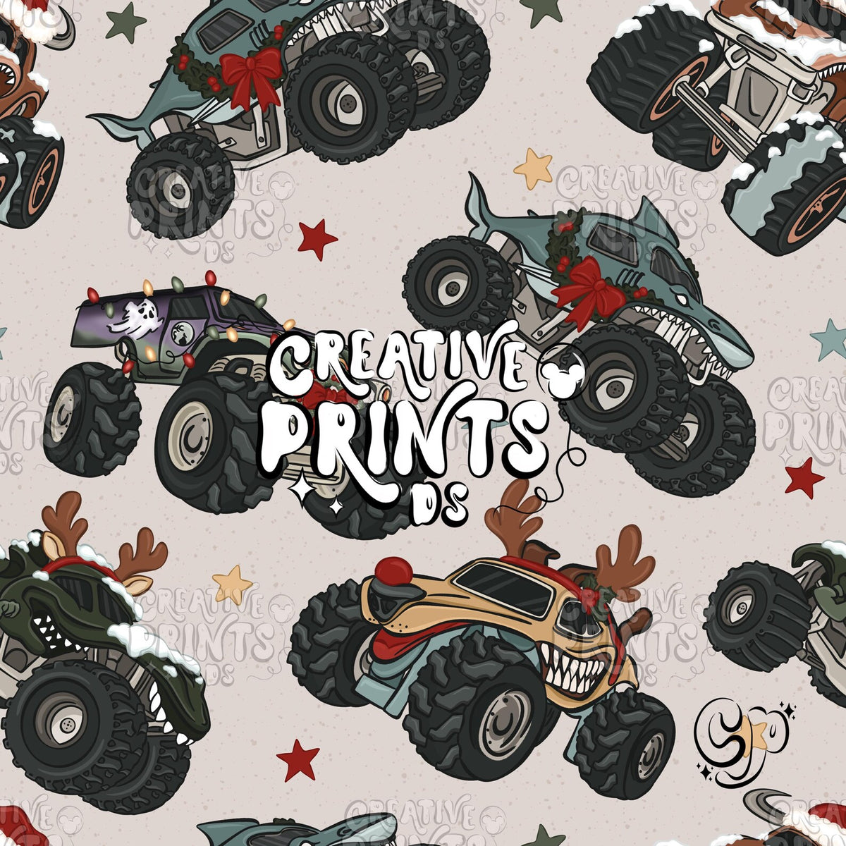 Sand Christmas Monster Truck Seamless Pattern