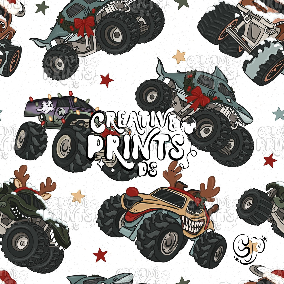 Christmas Monster Truck Seamless Pattern