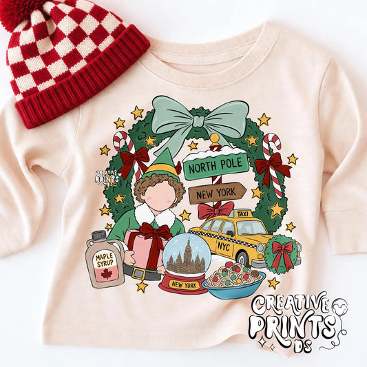 NYC Christmas Elf Wreath Sublimation Design PNG