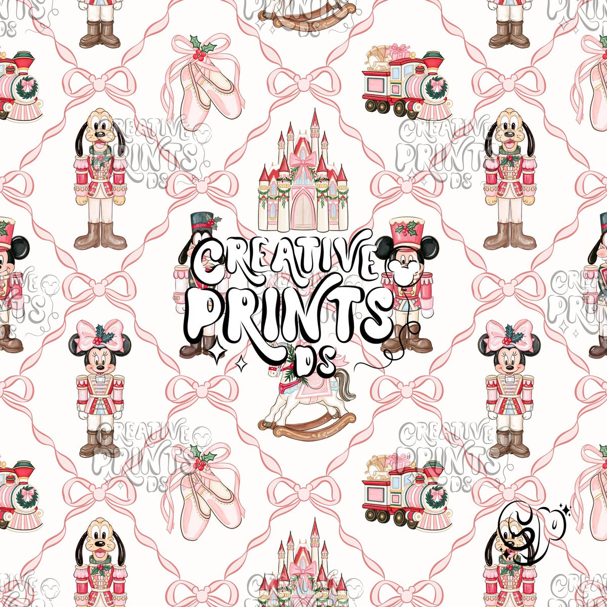 Pink Coquette Bow Nutcracker Mouse Friends Christmas Seamless Pattern