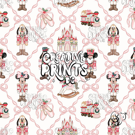 Pink Coquette Bow Nutcracker Mouse Friends Christmas Seamless Pattern