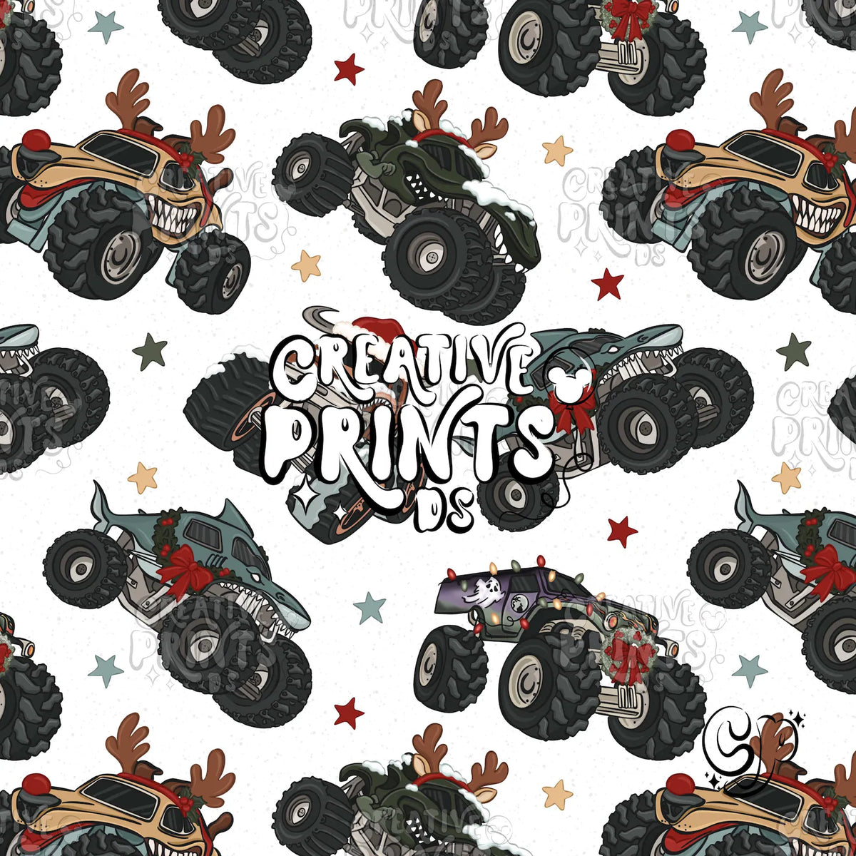 Christmas Monster Truck Seamless Pattern