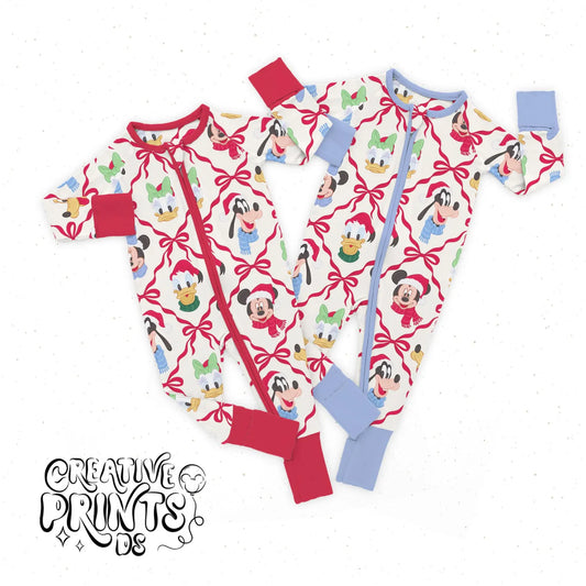 Red Bow Lattice Christmas Mouse Friends Seamless Pattern