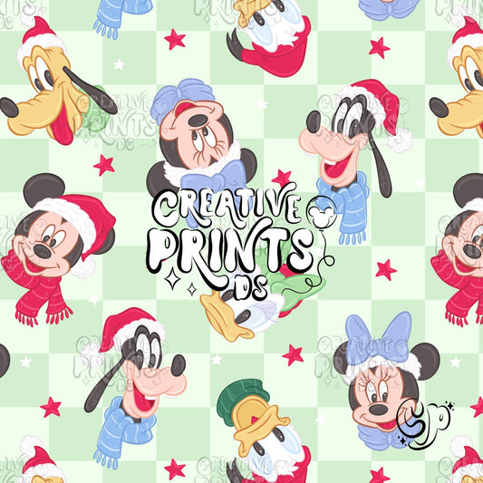 Sage Green Checker Christmas Mouse Friends Seamless Pattern
