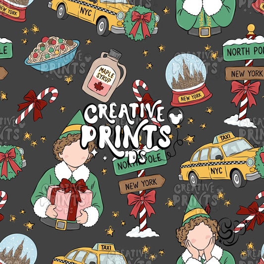 Dark Grey NYC Christmas Elf Seamless Pattern