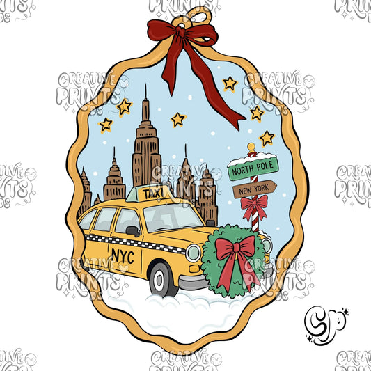 NYC Christmas Taxi Cameo Frame Sublimation Design PNG